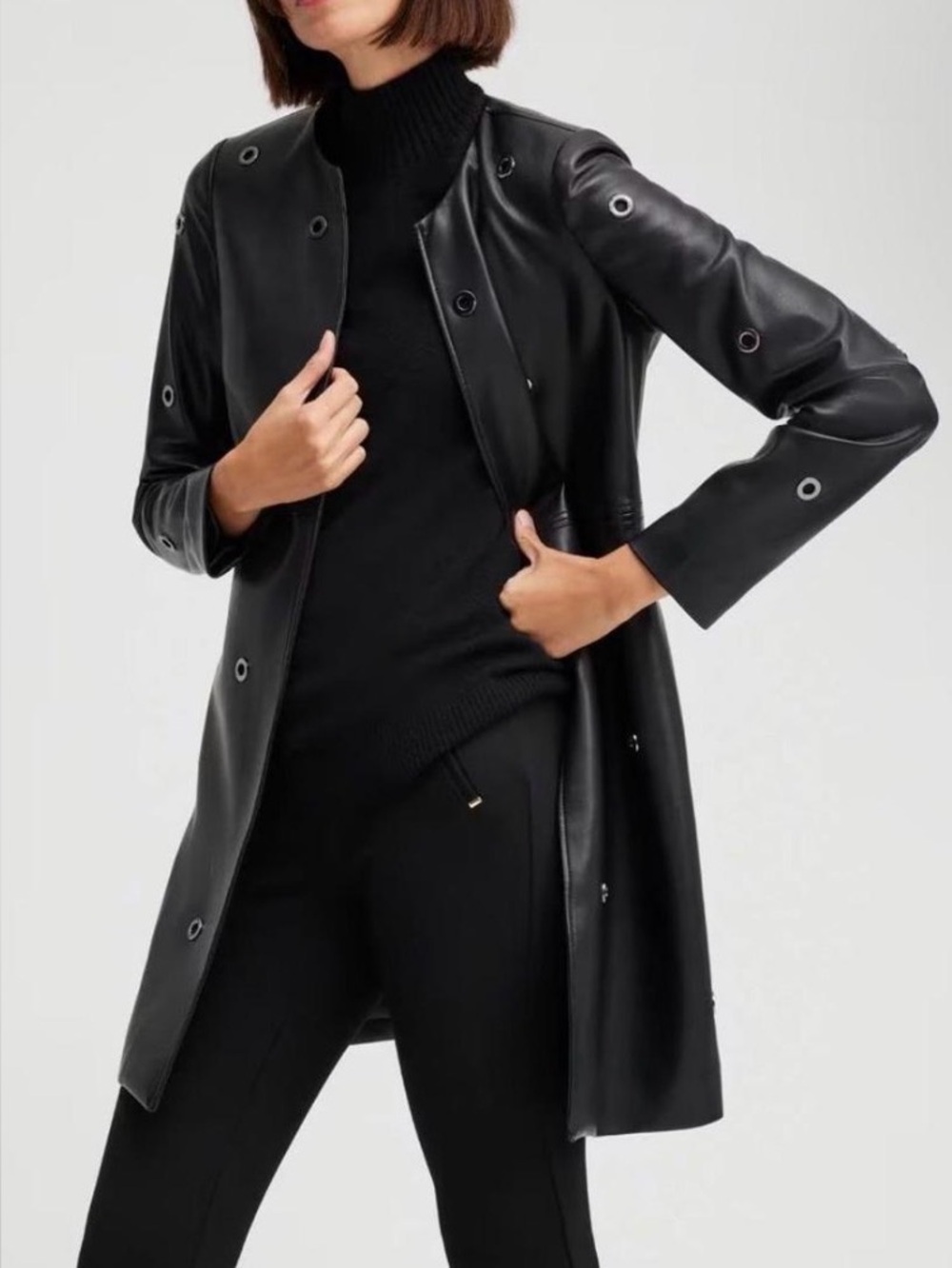 Chico’s Eyelet Embellished Faux Leather Jacket Black Size 12-NWOT